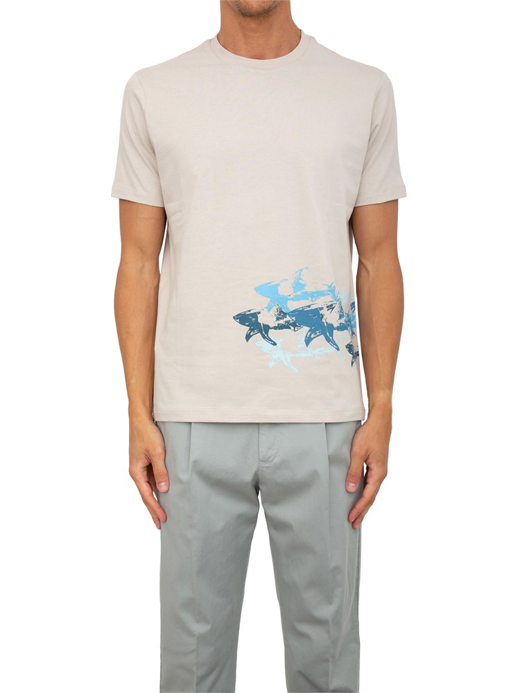 T-shirt Paul&Shark beige con stampa Sharks effetto distressed