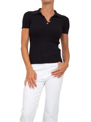 TWIN-SET Maglia maniche corte Twinset in viscosa stretch nera con lavorazione a coste in DONNA