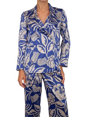 Giacca donna doppiopetto Emme Marella in raso stretch con stampa floreale blu in DONNA
