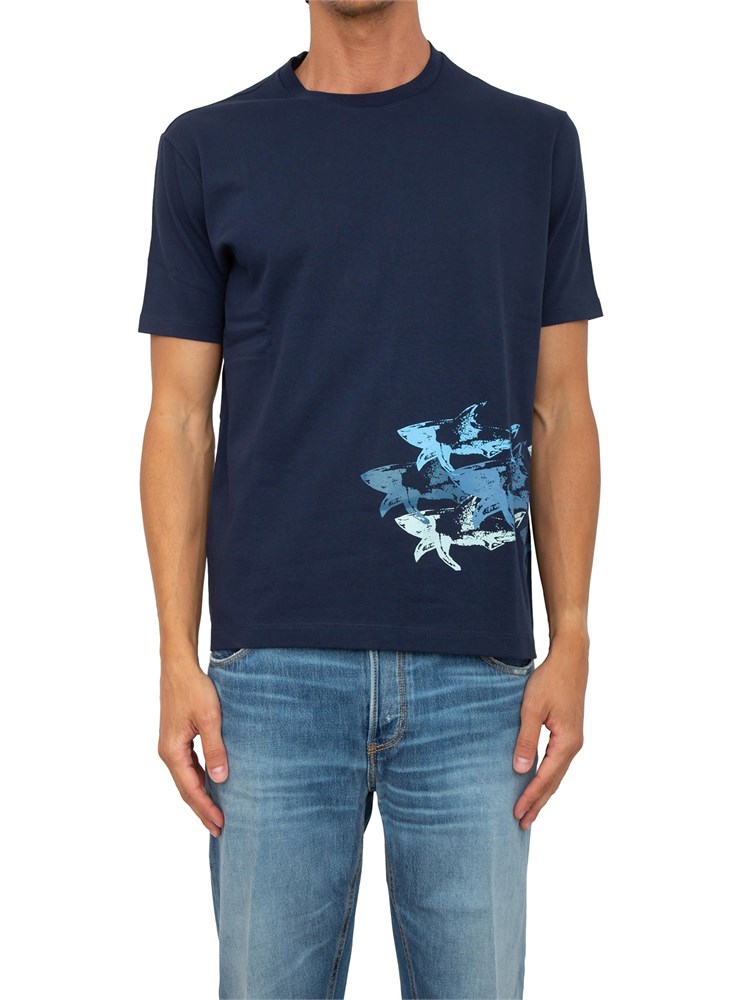 T-shirt Paul&Shark blu con stampa Sharks effetto distressed