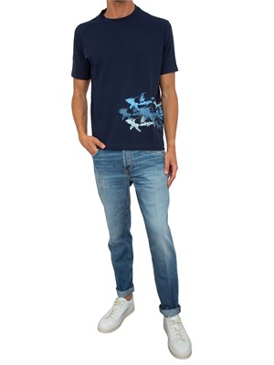 T-shirt Paul&Shark blu con stampa Sharks effetto distressed in UOMO
