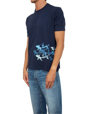 T-shirt Paul&Shark blu con stampa Sharks effetto distressed in UOMO