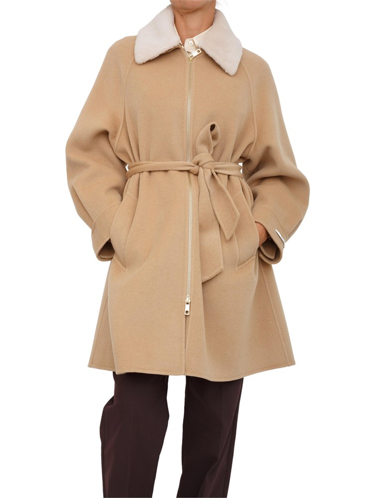 Cappotto Marella in misto lana cammello con chiusura zip oro