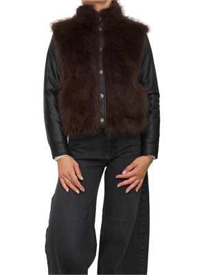 TWIN-SET Giubbino Twinset in ecopelle nera e pelliccia ecologica marrone in DONNA