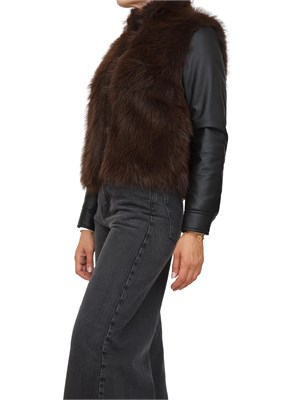 TWIN-SET Giubbino Twinset in ecopelle nera e pelliccia ecologica marrone in DONNA