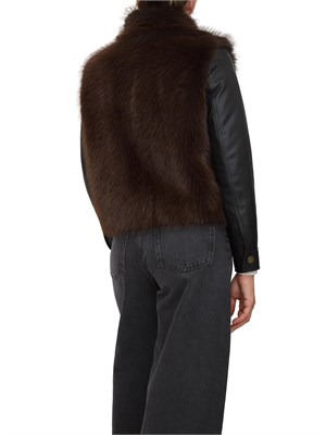 TWIN-SET Giubbino Twinset in ecopelle nera e pelliccia ecologica marrone in DONNA