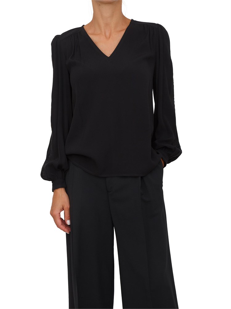 TWIN-SET Blusa Twinset in crêpe nera con ricamo su maniche a palloncino