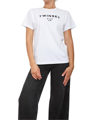 TWIN-SET T-shirt Twinset in jersey di cotone bianco con logo lettering a contrasto in DONNA