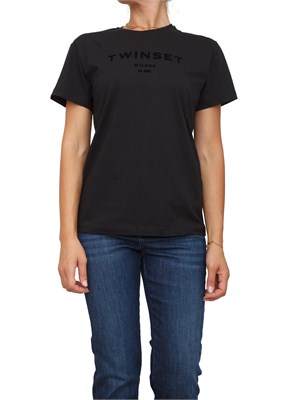 TWIN-SET T-shirt Twinset in jersey di cotone nero con logo lettering tono su tono in DONNA