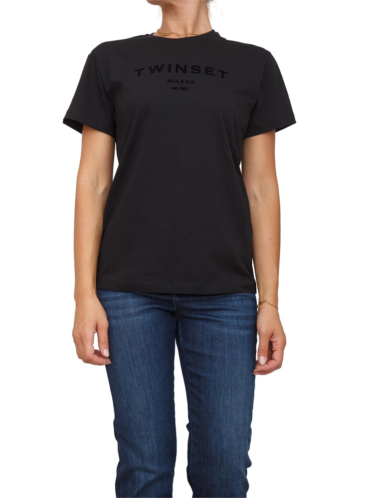 TWIN-SET T-shirt Twinset in jersey di cotone nero con logo lettering tono su tono