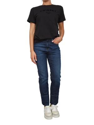 TWIN-SET T-shirt Twinset in jersey di cotone nero con logo lettering tono su tono in DONNA