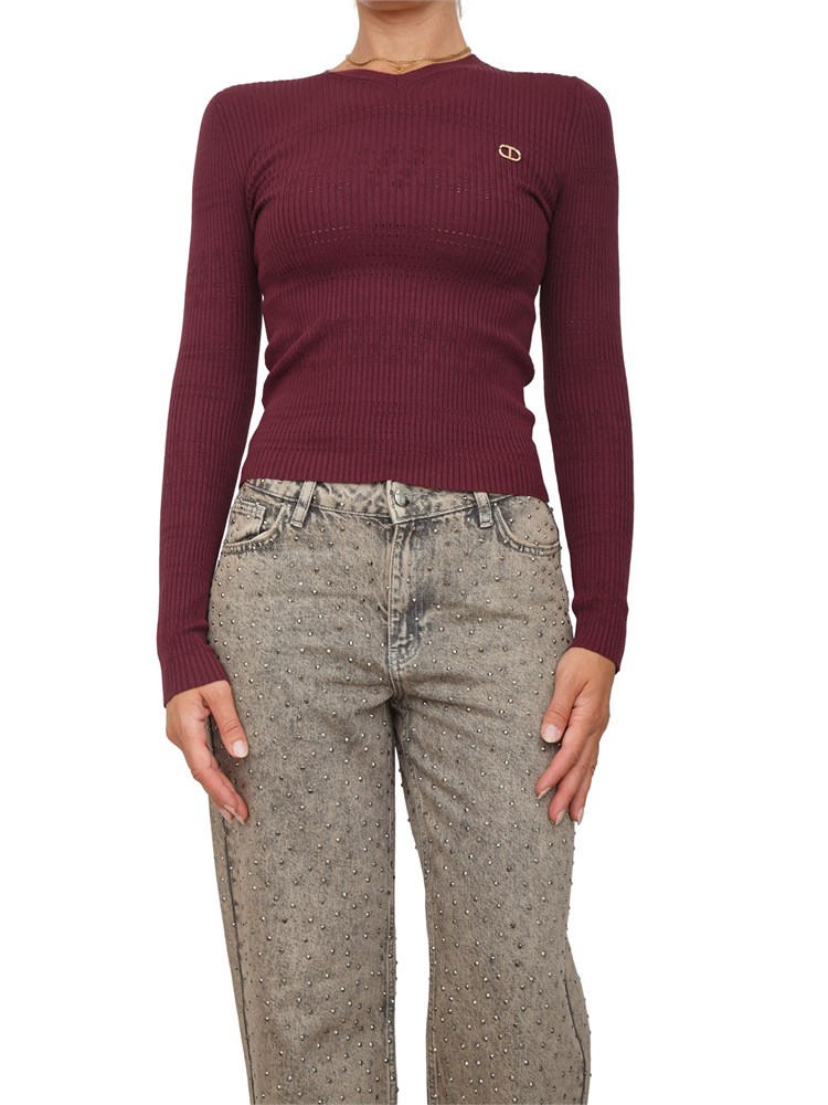 TWIN-SET Maglia Twinset in filato a costine bordeaux con lavorazione traforata