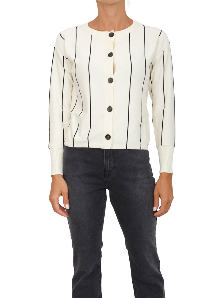 Cardigan Emme Marella linea boxy in misto viscosa bianco panna e righe a contrasto