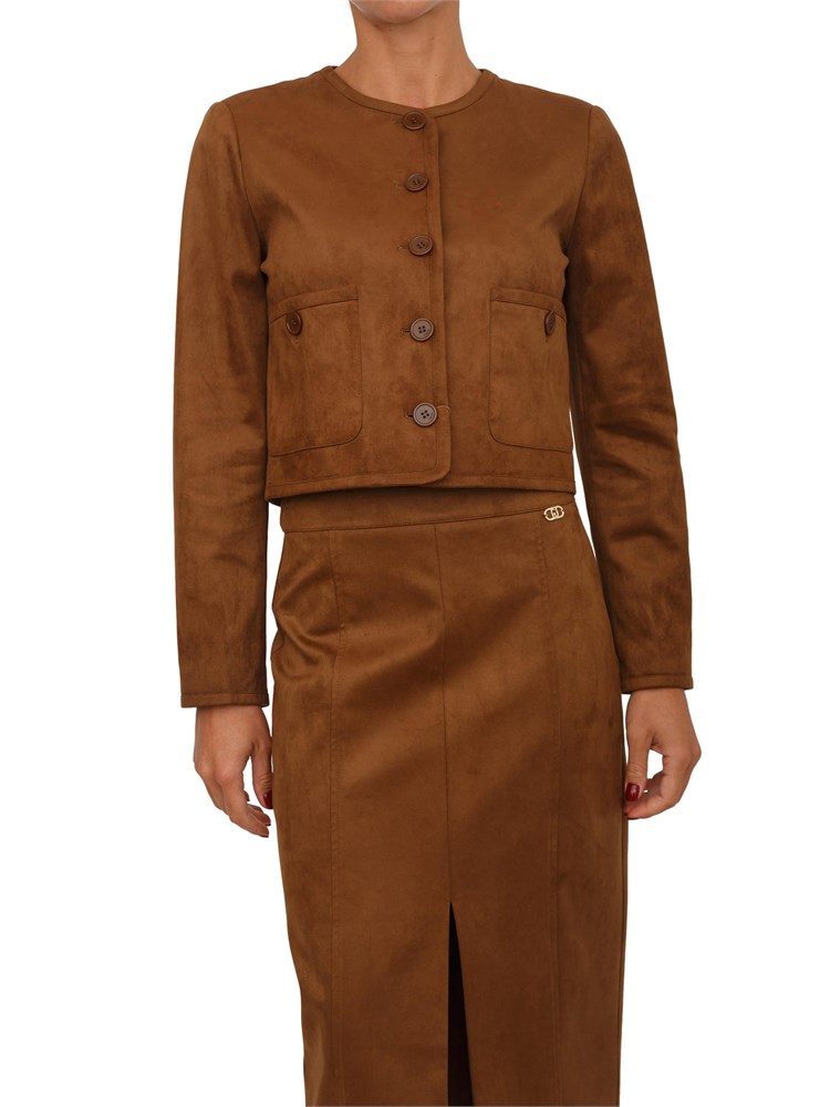 Giacca cropped Liu Jo donna in tessuto cammello effetto camoscio