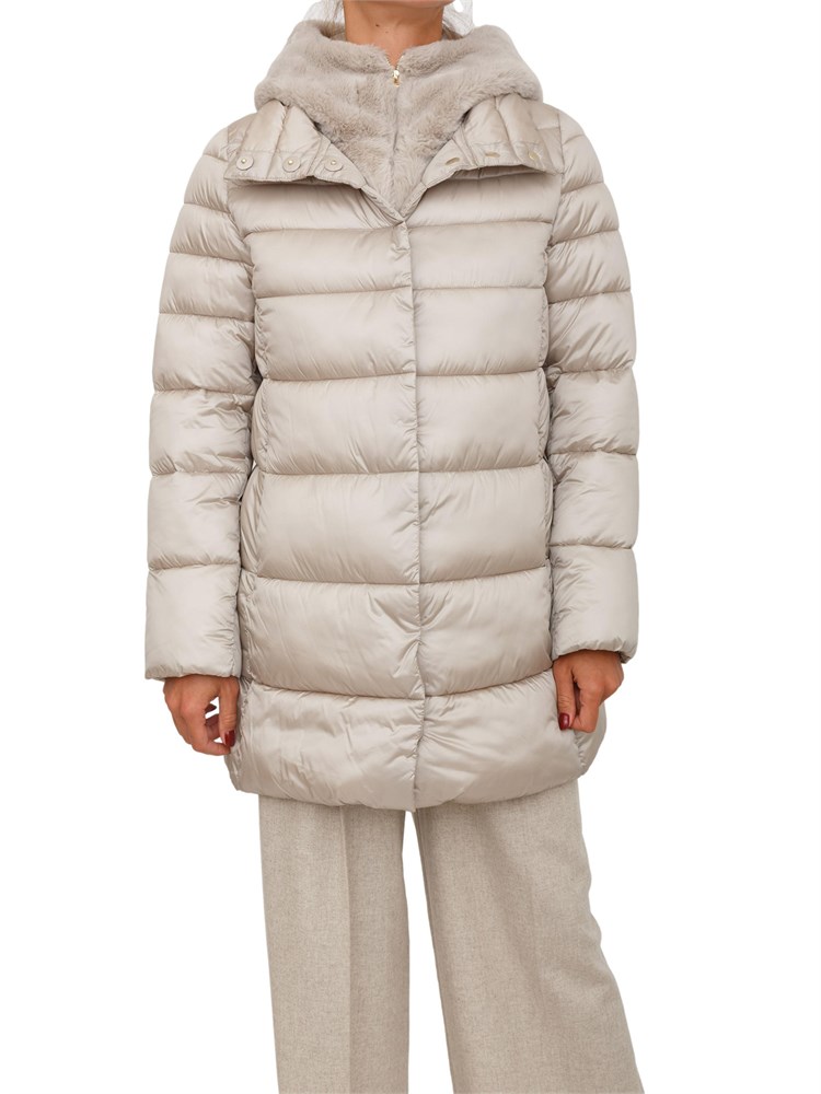 Giubbino Toscana Emme Marella in tessuto grigio beige con cappuccio pelliccia