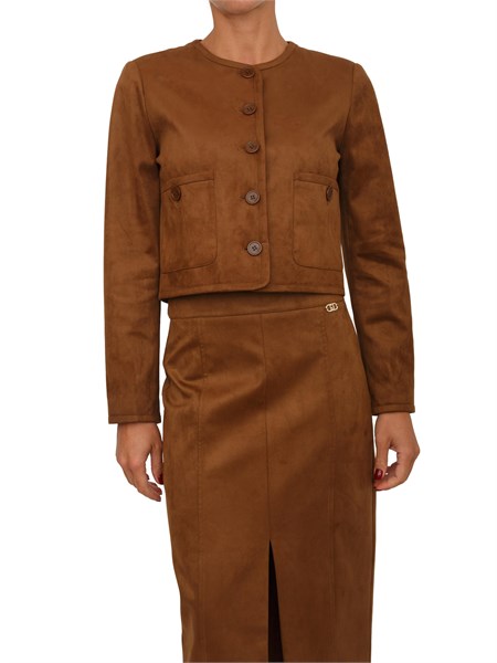 giacca cropped liu jo donna in tessuto cammello effetto camoscio mf5184e1090