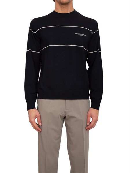 maglia girocollo emporio armani in pura lana vergine blu con contrasti em002796af14199