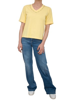 T-shirt gialla Liu Jo scollo a V con logo e strass in DONNA