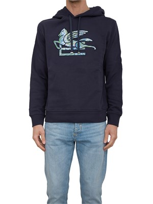 Felpa Etro uomo in cotone blu con ricamo Pegaso grande a contrasto in UOMO