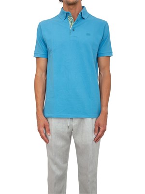 Polo azzurra Etro in cotone con dettaglio stampa floreale sul collo in UOMO