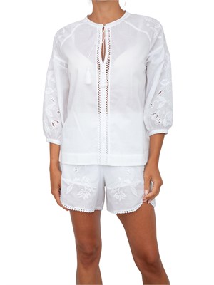 Camicetta iBlues in morbido popeline bianco con ricami e nappine in DONNA