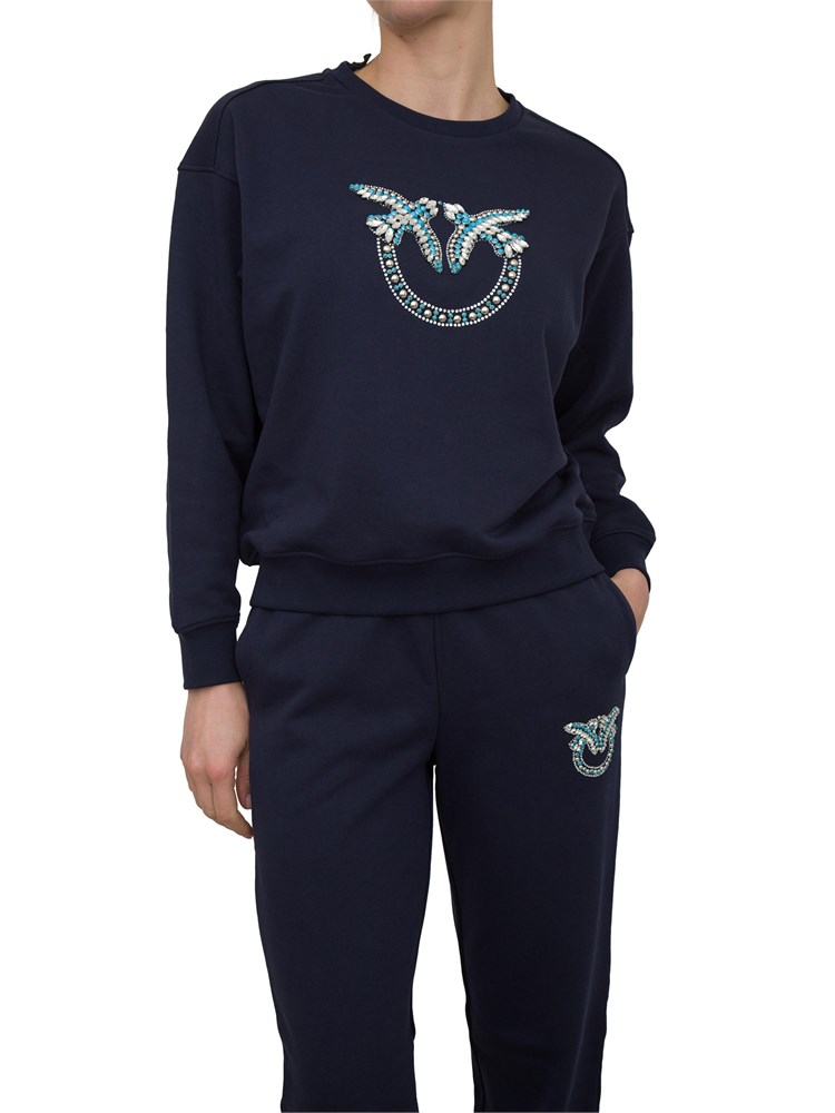 Felpa Pinko blu con girocollo e ricamo gioiello Love Birds