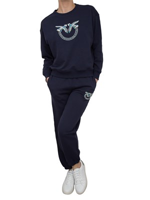 Felpa Pinko blu con girocollo e ricamo gioiello Love Birds in DONNA