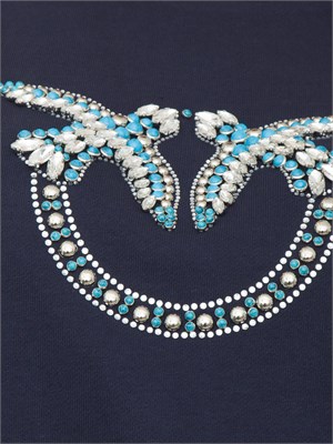 Felpa Pinko blu con girocollo e ricamo gioiello Love Birds in DONNA
