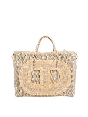 TWIN-SET Borsa shopper beige Twinset effetto paglia con Oval T in DONNA