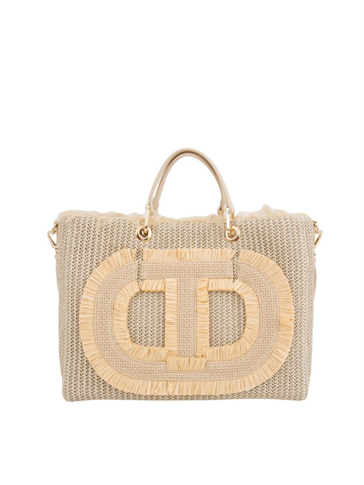 TWIN-SET Borsa shopper beige Twinset effetto paglia con Oval T