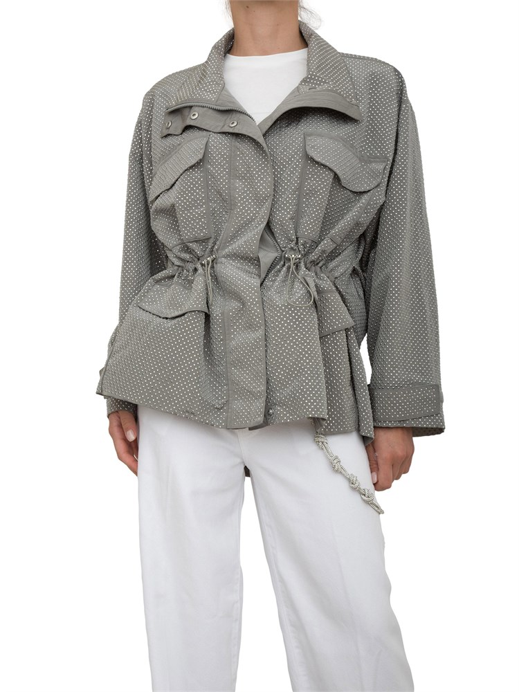 Giubbino parka donna Pinko in tessuto tecnico grigio con borchie effetto brillantini