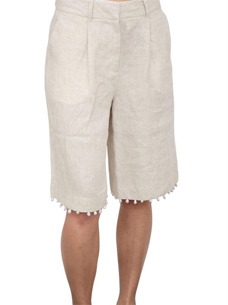 Short Kocca in lino beige con perle applicate sul fondo