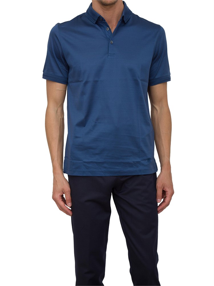 Polo con bottoni Corneliani blu chiaro in filo di Scozia