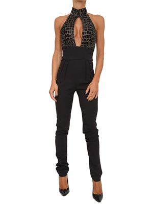 Tuta Elisabetta Franchi in crêpe nero e tulle con ricami cocco in DONNA