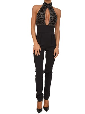 Tuta Elisabetta Franchi in crêpe nero e tulle con ricami cocco in DONNA