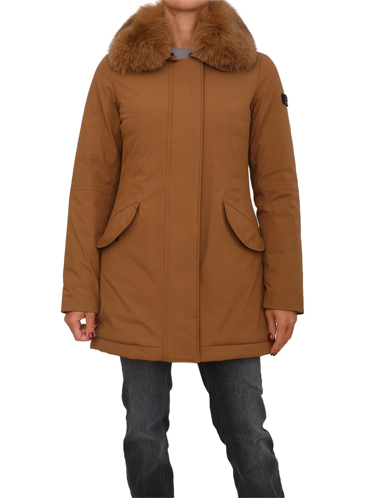 Piumino liscio Peuterey in piuma e nylon marrone con collo pelliccia volpe