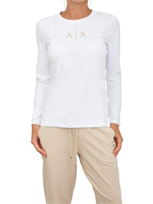 T-shirt donna Armani Exchange in jersey di cotone bianco con logo strass oro in DONNA
