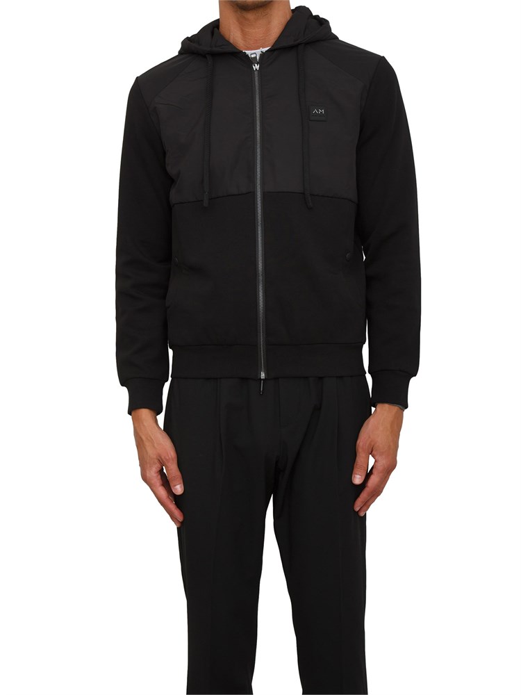 Felpa Antony Morato con zip e cappuccio in cotone interlock e tessuto tecnico nero