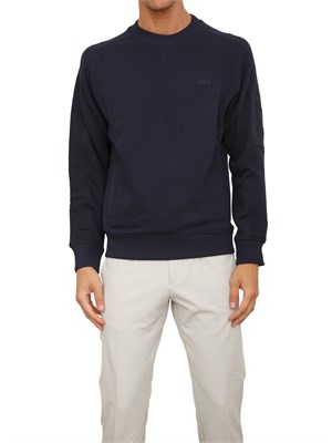 Felpa Boss uomo in misto cotone blu con tasca e zip su manica in UOMO
