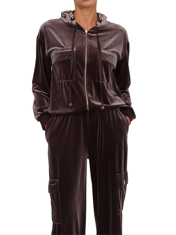 Felpa Liu Jo donna con cappuccio in ciniglia stretch marrone