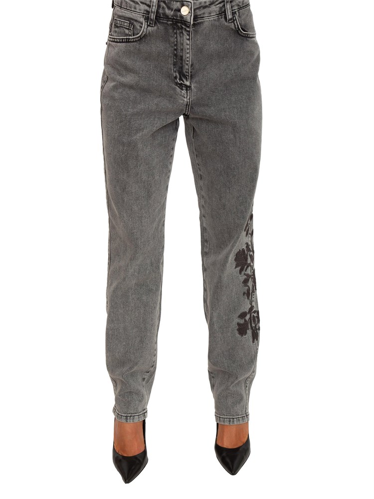 Jeans Blugirl in denim stretch grigio con ricamo floreale