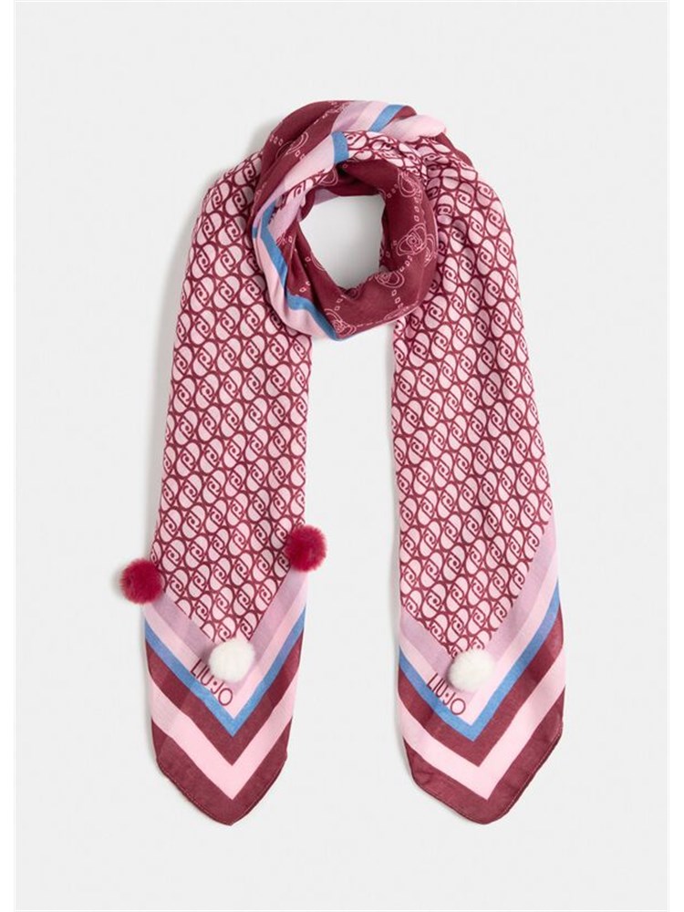 Foulard Liu Jo bordeaux con stampa logo patchwork e pompon
