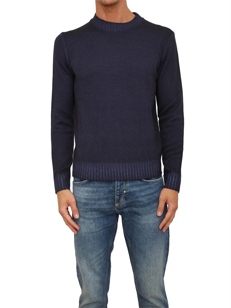 Maglia girocollo Aiace Galassi in pura lana blu con fondi a costine delavÉ