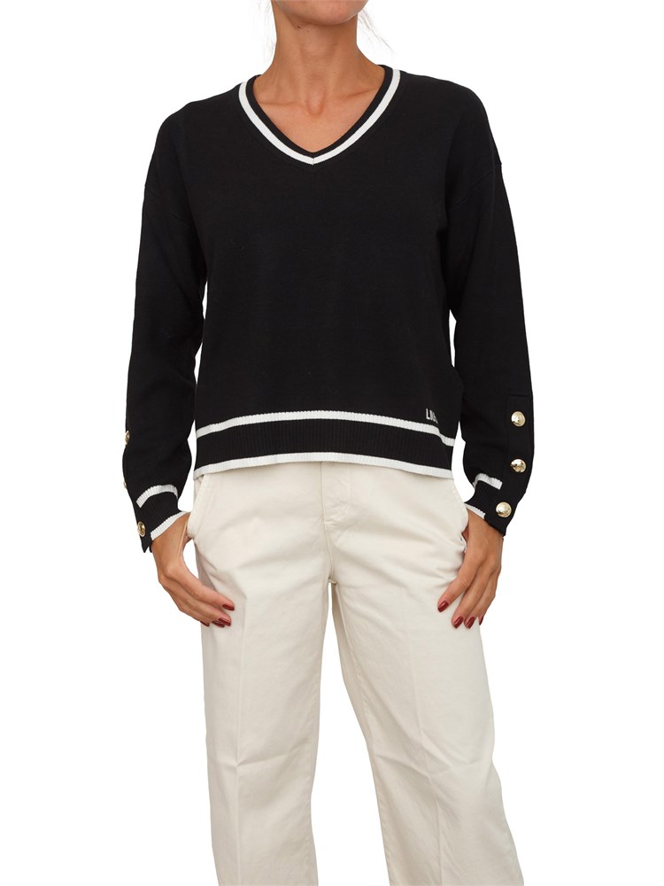 LIU JO Maglia scollo V in misto seta nero con bottoni oro