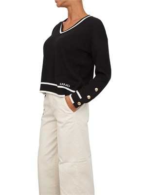 LIU JO Maglia scollo V in misto seta nero con bottoni oro in DONNA