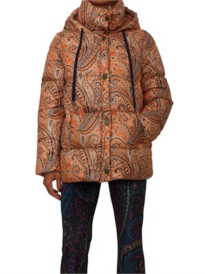 Piumino Etro donna in tessuto tecnico arancione con Paisley multicolor all over in DONNA
