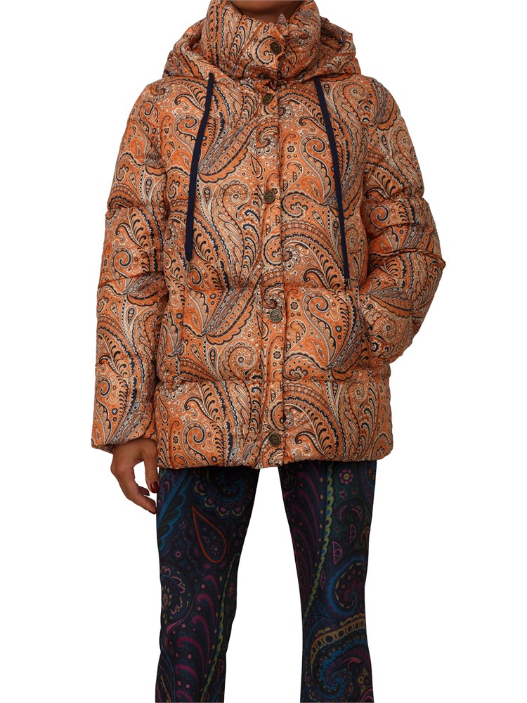Piumino Etro donna in tessuto tecnico arancione con Paisley multicolor all over