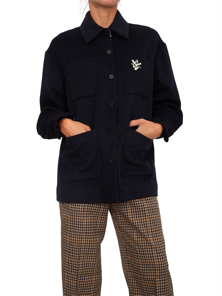 Giacca camicia Liu Jo in misto flanella blu con spilla gioiello