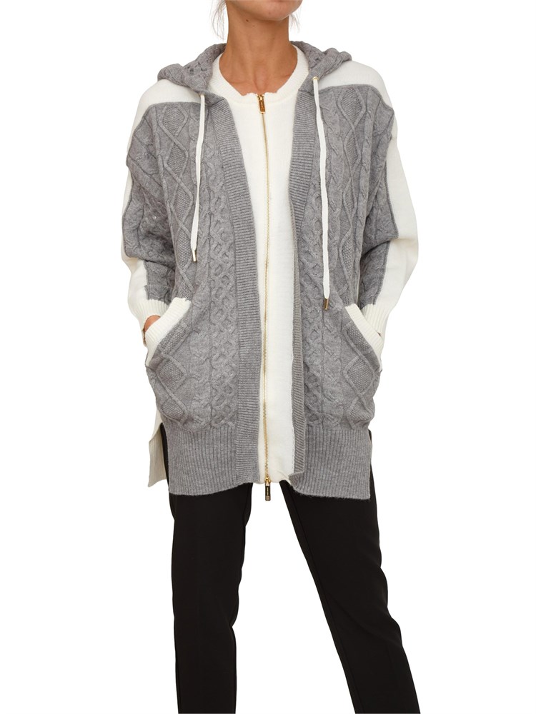 Cardigan full zip e cappuccio Fracomina in viscosa grigia e bianca