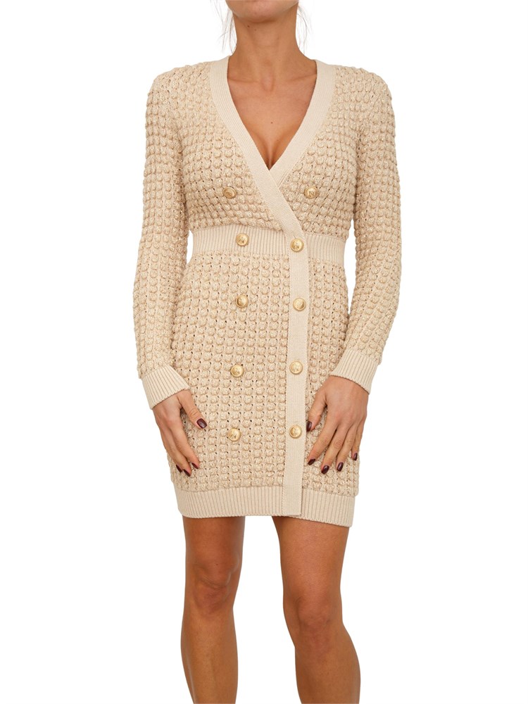 Abito Elisabetta Franchi in maglia bouclÉ beige con paillettes